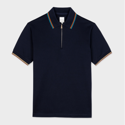 Shop Paul Smith Navy Cotton 'signature Stripe' Trim Zip Polo Shirt Blue In Blues