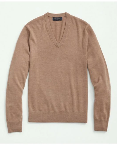 Brooks Brothers Fine Merino Wool V-neck Sweater In Camel