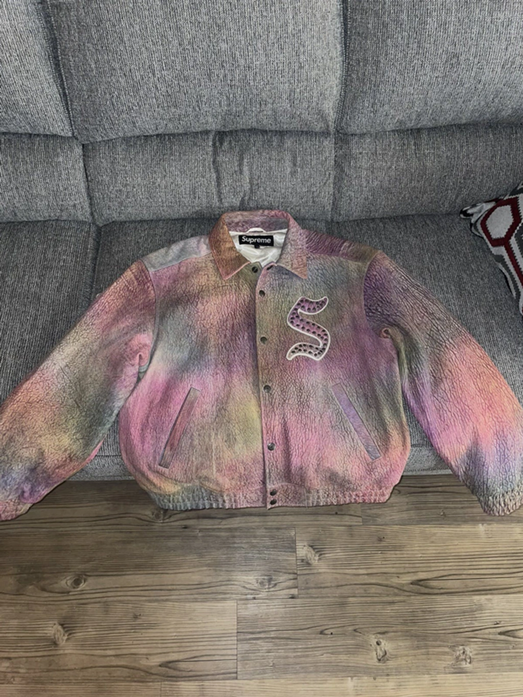 Pre-owned Supreme Pebbled Leather Varsity Jacket In Pink | ModeSens