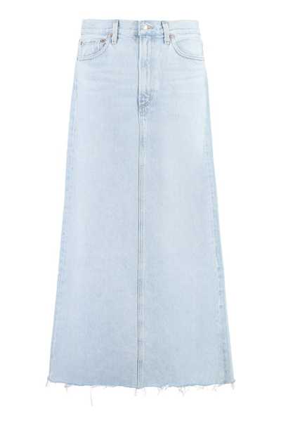 Shop Agolde Back Slit Frayed Edge Denim Midi Skirt In Blue