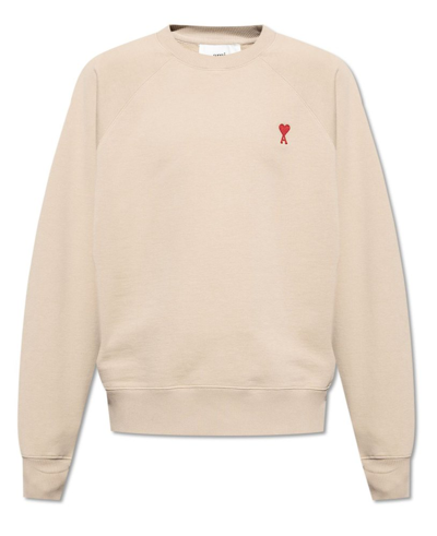 Shop Ami Alexandre Mattiussi Ami Logo Motif Embroidered Crewneck Sweater In Beige