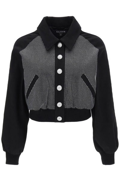 Shop Balmain Denim Blouson Jacket With Rhinestones Women In Black