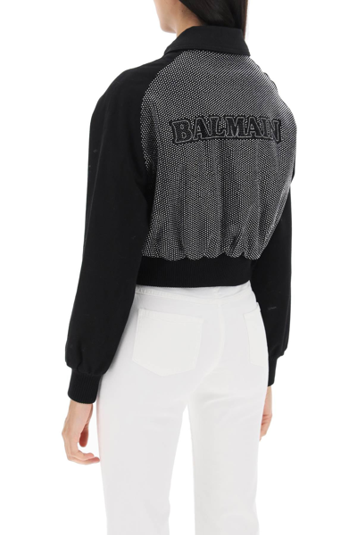 Shop Balmain Denim Blouson Jacket With Rhinestones Women In Black