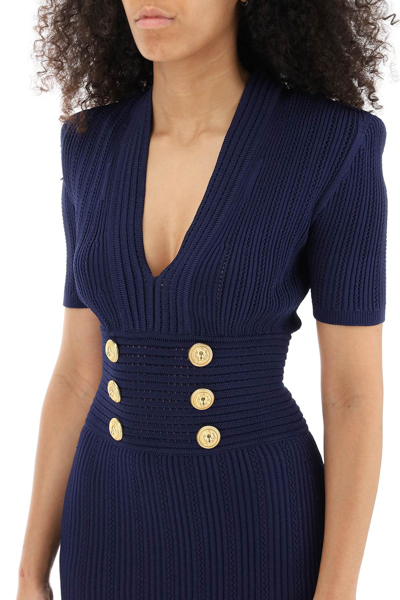 Shop Balmain Knit Minidress With Embossed Buttons Women In Blue