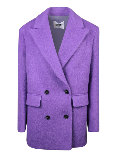 Shop Msgm Felted Finished Double Breasted Coat In Purple