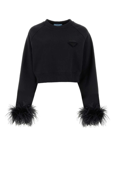 Shop Prada Crewneck Cropped Sweatshirt In Black