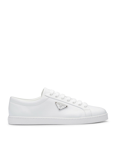 Shop Prada Men Brushed Leather Sneakers In White
