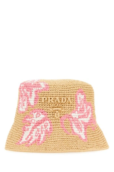 Shop Prada Woman Raffia Bucket Hat In Brown