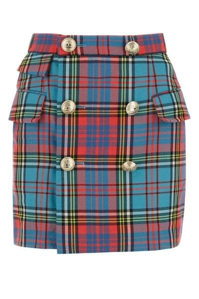 Cut Off Wool Twill Tartan Mini Skirt