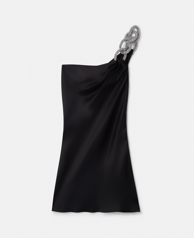 Shop Stella Mccartney Falabella Crystal Chain Double Satin One-shoulder Mini Dress In Black