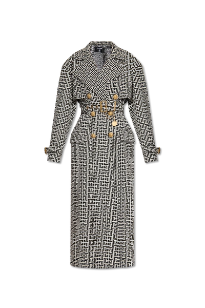 Shop Balmain Grey Double-breasted Coat With Monogram In New