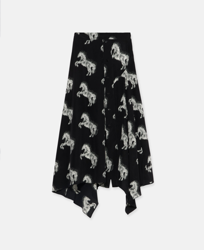 Shop Stella Mccartney Pixel Horse Print Silk Skirt In Black