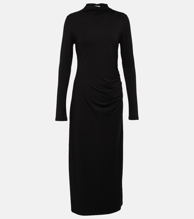 Shop Vince Ruched High-neck Jersey Midi Dress In Black