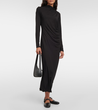 Shop Vince Ruched High-neck Jersey Midi Dress In Black