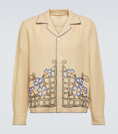 Shop Bode Himalayan Poppy Embroidered Linen Shirt In Beige
