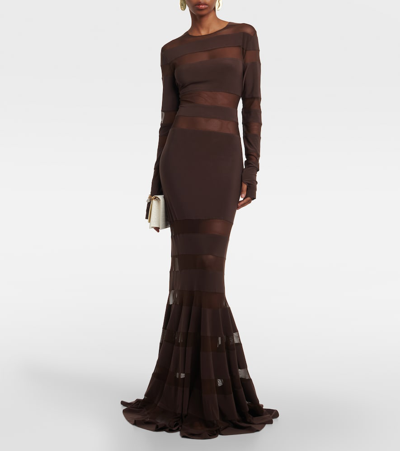 Shop Norma Kamali Mesh-panelled Gown In Brown