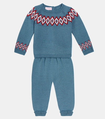 La Coqueta Baby Set Of Wool Cardigan And Pants In Blue
