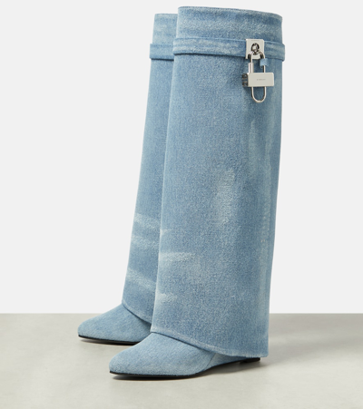 Shop Givenchy Shark Lock Denim Knee-high Boots In Blue