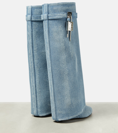 Givenchy Shark Lock Denim Knee-high Boots In Blue