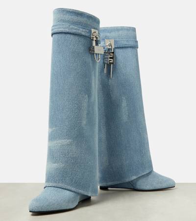 Shop Givenchy Shark Lock Denim Knee-high Boots In Blue