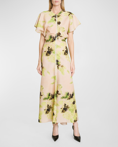 Shop Victoria Beckham Abstract-print Short-sleeve Drape-shoulder Maxi Dress In Peachlime