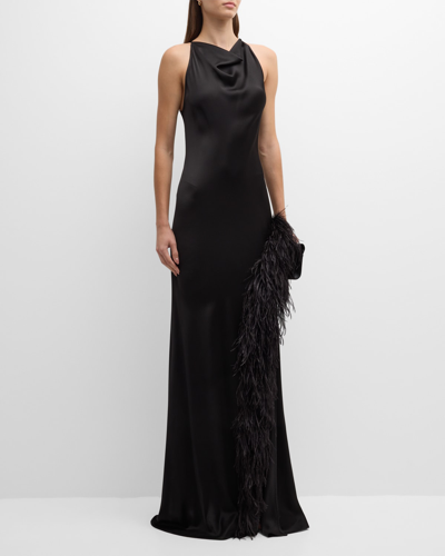 Lapointe Satin Halter Gown With Feathers In Black