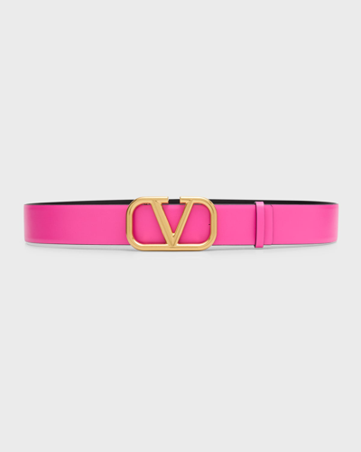 Shop Valentino Signature V-logo Reversible Leather Belt In Uxg Pink Pp Nero