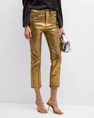 Shop Frame Le High Straight Metallic Coated Jeans In Gold Chrome