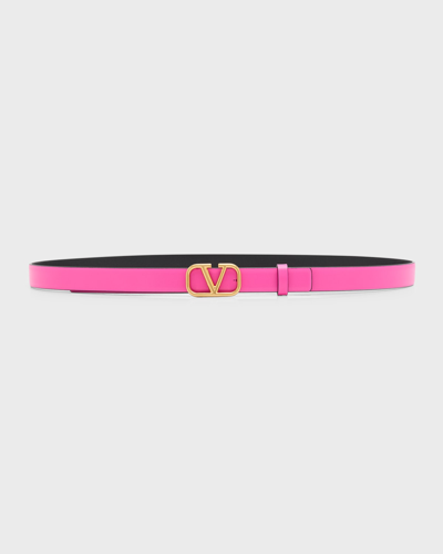 Shop Valentino Signature V-logo Reversible Leather Skinny Belt In Uxg Pink Pp Nero