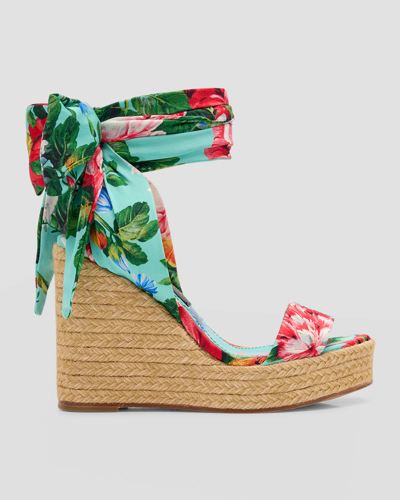 Shop Dolce & Gabbana Floral Ankle-wrap Wedge Espadrilles In Blu Floral Print