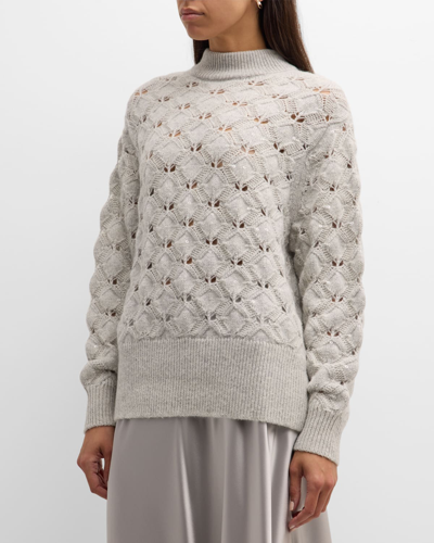 Shop Lafayette 148 Mock-neck Lace-stitch Sweater In Grey Heather