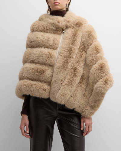 Shop Adrienne Landau Asymmetric Striped Faux Fur Poncho In Camel