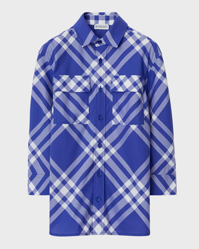 Shop Burberry Boy's Angelo Front-pocket Check Shirt In Knight Ip Check