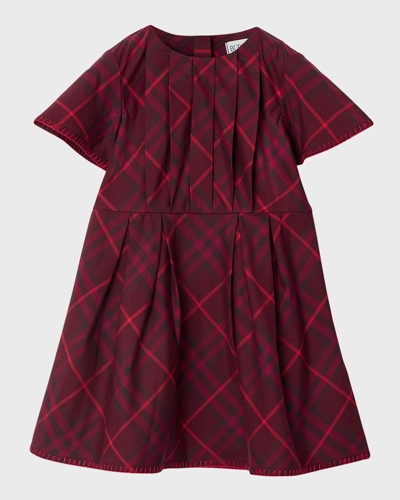 Shop Burberry Girl's Gia Pleated Check Short-sleeve Dress In Claret Ip Chk