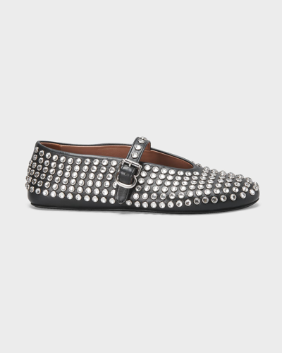 Shop Alaïa Leather Mary Jane Flats With Allover Studs In Blanc Casse