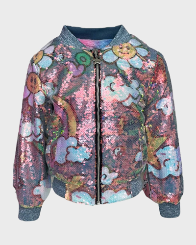 Shop Lola + The Boys Girl's Happy Daisy Rainbow Sequin Bomber Jacket In Multi