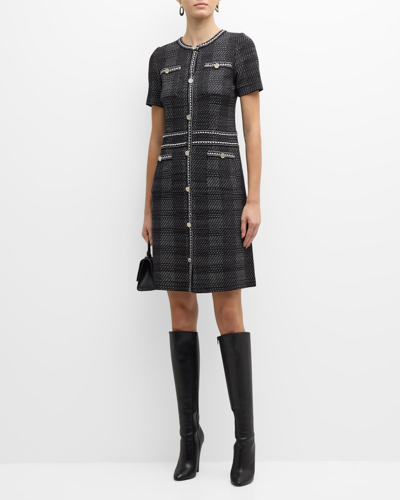 Shop Misook Plaid Tweed-knit Button-front Midi Dress In Black/white