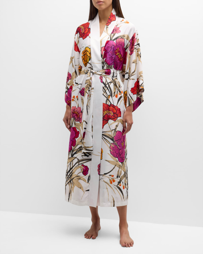 Shop Natori Anais Floral-print Kimono-sleeve Charmeuse Robe In Alabaster Combo