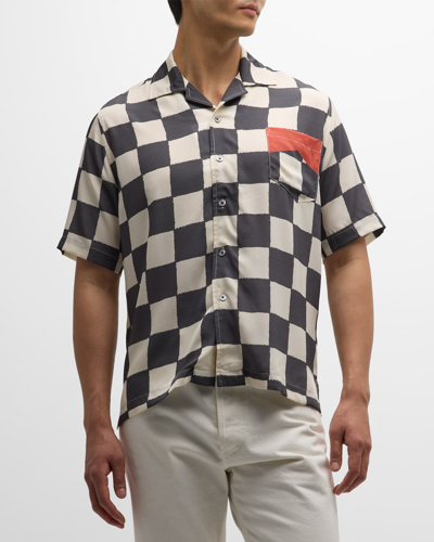 Shop Rhude Men's Silk Broken Checker-print Camp Shirt In Ivoryblackred