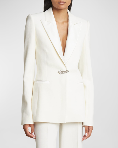 Shop Chloé Textured Wool Blazer Jacket With Crystal Detail In Seedpearl Beige