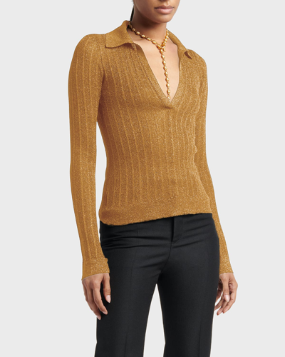 Shop Tom Ford Lurex Knit Polo Sweater In Dark Gold