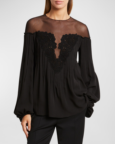 Shop Chloé Illusion Silk Top With Lace Detail In Black
