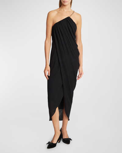 Shop Chloé Draped One-shoulder Jersey Dress With Chain Detail In Black