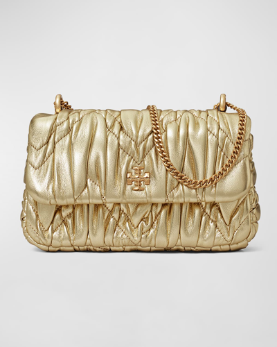 Shop Tory Burch Kira Mini Metallic Ruched Shoulder Bag In 18 Kt Gold