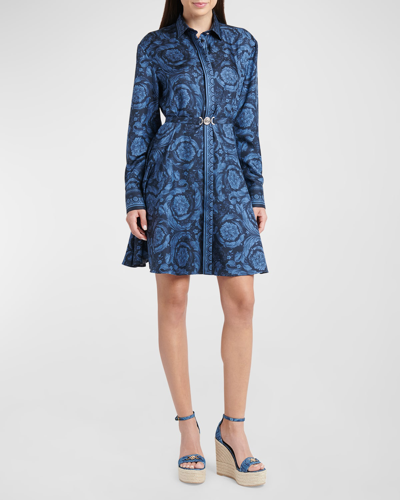 Shop Versace Barocco-print Belted Mini Dress In Navy Blue