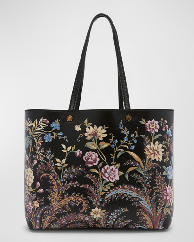 Shop Etro Floral-print Faux Leather Tote Bag In Black
