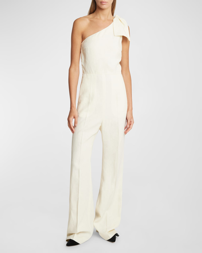 Shop Chloé Linen Canvas One-shoulder Jumpsuit With Bow Detail In Coconut Milk