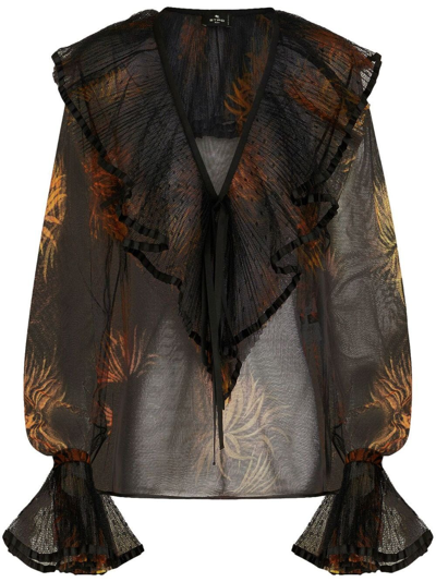 Shop Etro Pleated Ruffled-trim Blouse In Brown