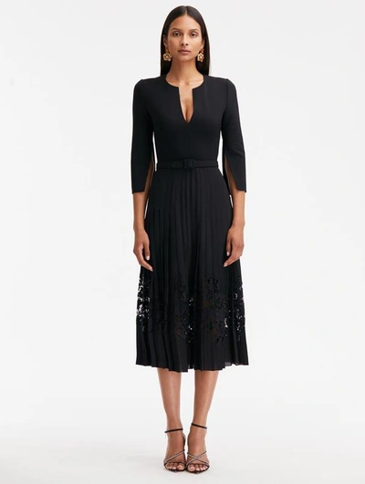 Shop Oscar De La Renta Pleated Chiffon & Guipure Inset Dress In Black