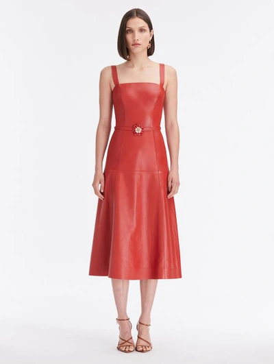 Shop Oscar De La Renta Sleeveless Leather Midi Dress In Cinnamon